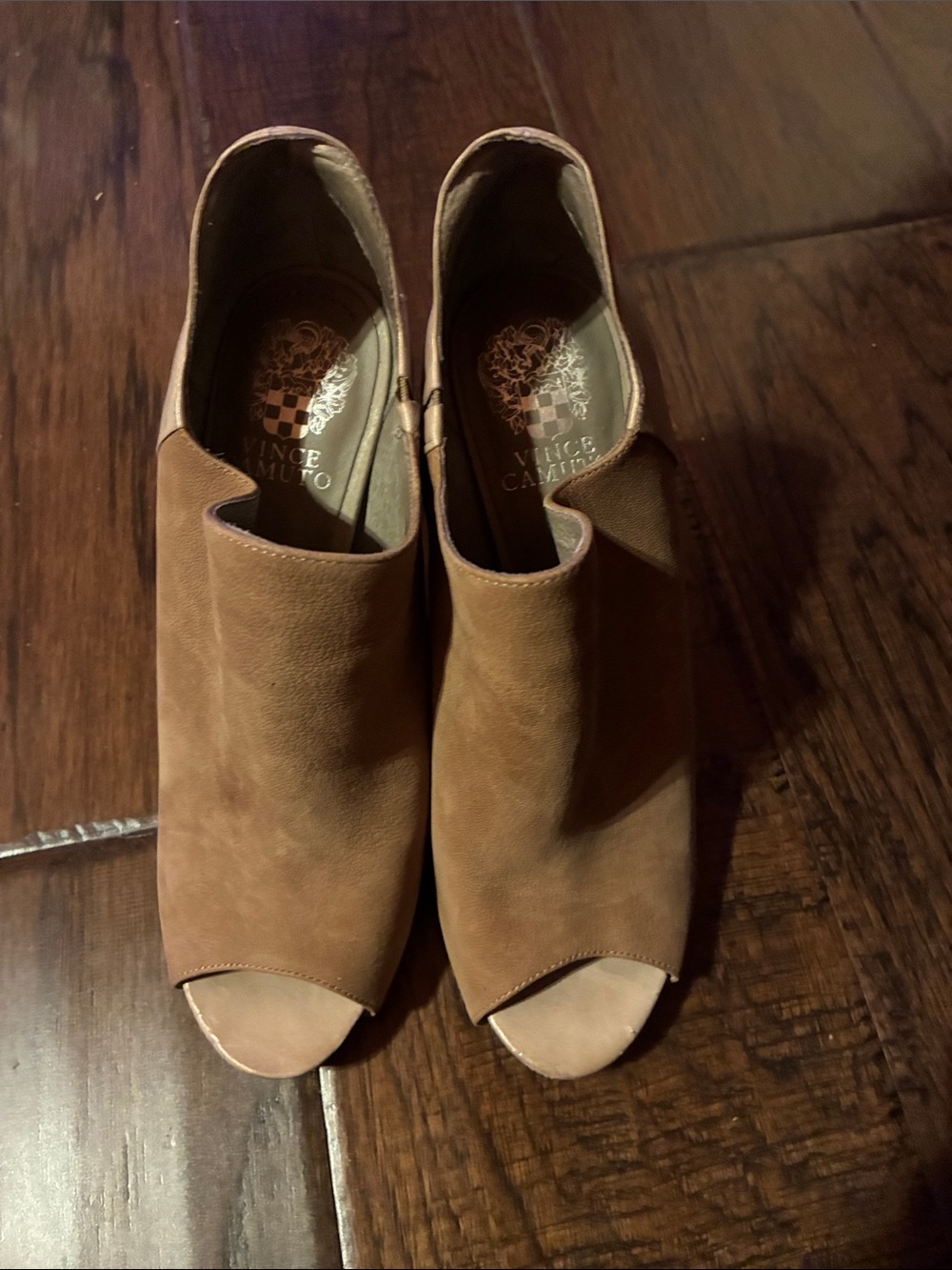 Vince Camuto Tan Suede Peep-Toe Mules